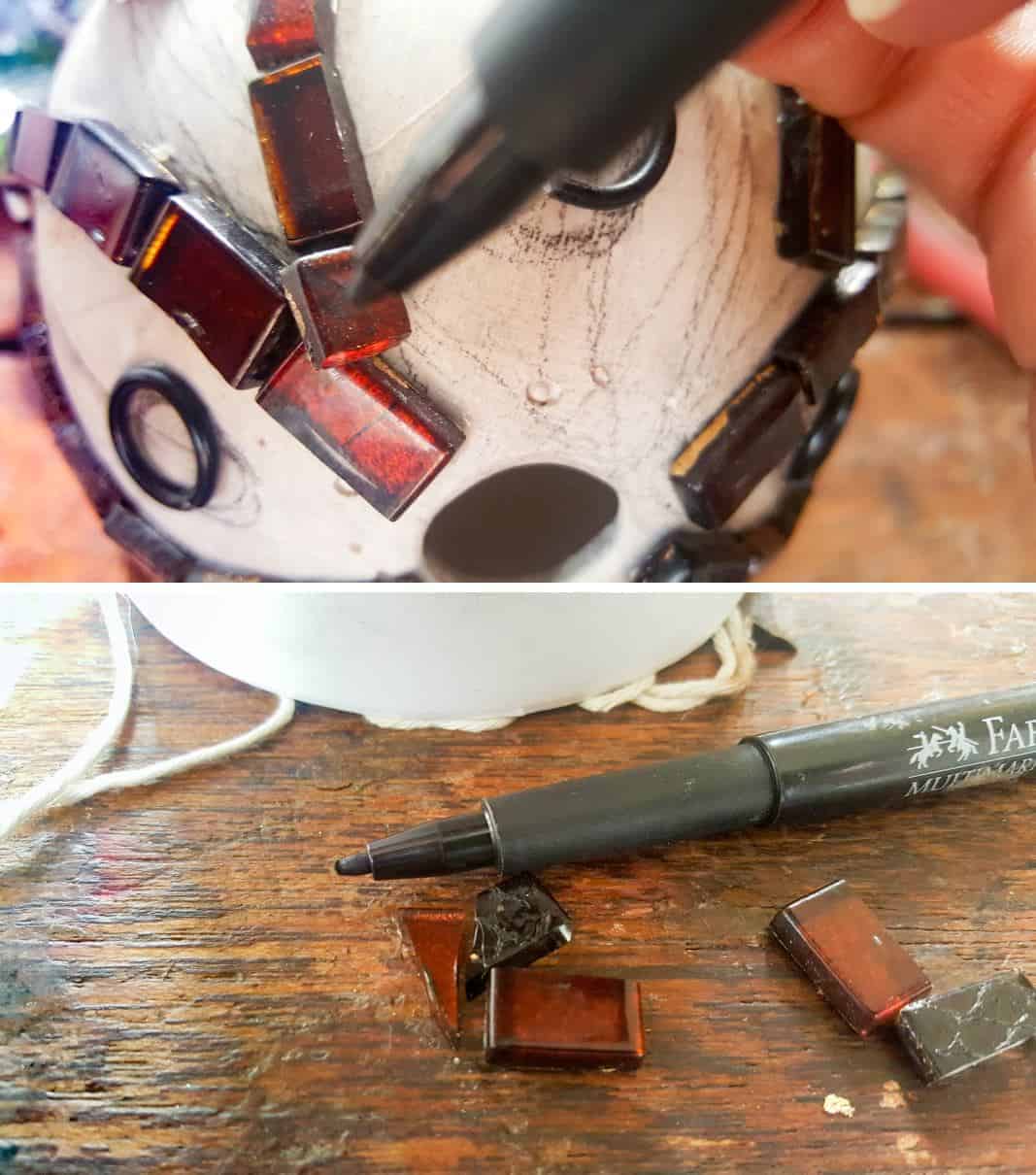 Use a marker to mark where to cut the tile. #Mosaicart #FabergeMosaic #MosaicTips #acraftymix #Mosaictricks #MosaicDIY #MosaicHowTo #RussianEggs #MosiacDIY
