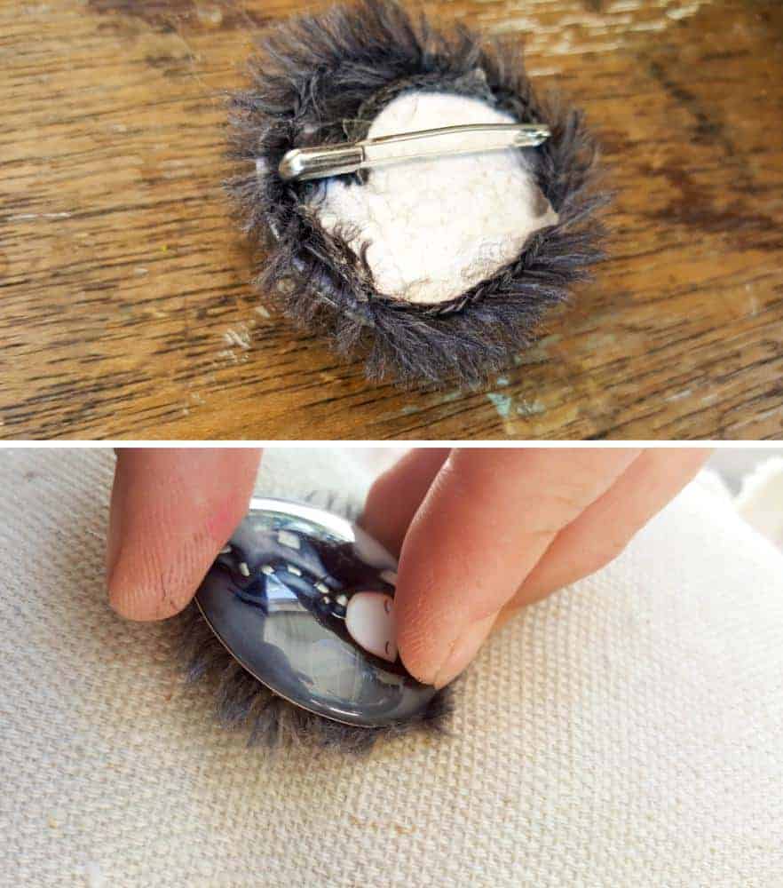 Stick a safety pin on the back of the Gorjuss cabochons #gorjuss #gorjussart #gorjussgirl #santorogorjuss #acraftymix #dropclothrepurpose #dropclothChristmas #dropclothDIY #dropclothcrafts