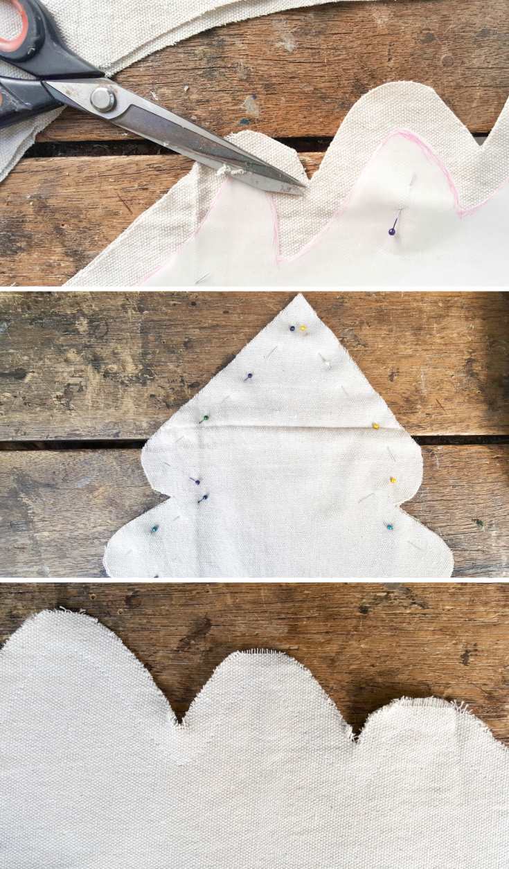 Pin around the edges of the drop cloth Christmas tree leaving an opening at the bottom. Sew #gorjuss #gorjussart #gorjussgirl #santorogorjuss #acraftymix #dropclothrepurpose #dropclothChristmas #dropclothDIY #dropclothcrafts