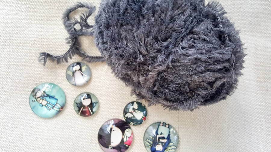 A collection of Gorjuss cabochons, drop cloth and wool #gorjuss #gorjussart #gorjussgirl #santorogorjuss #acraftymix #dropclothrepurpose #dropclothChristmas #dropclothDIY #dropclothcrafts