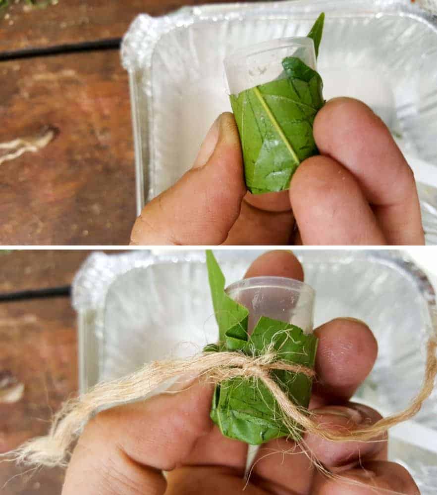 Wrap the leaves around the object and tie string around to secure #FairyBowls #FairyDIYCrafts #ACraftyMix #FairyGardens #FairyCRafts #WhimsicalFairyCrafts #SimpleFairyCrafts