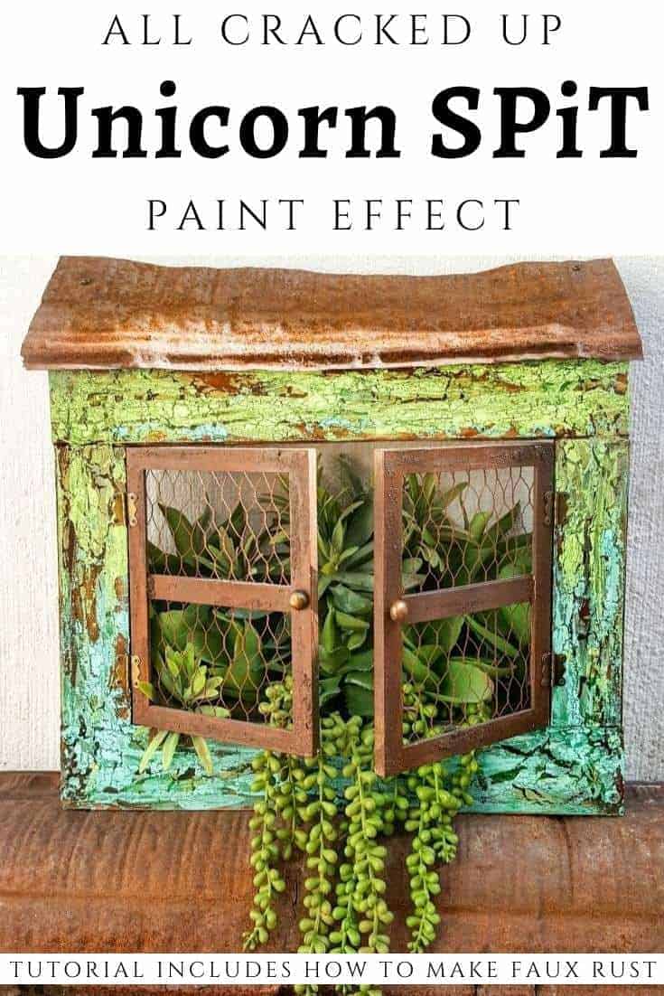 Full tutorial how to make this gorgeous "Cracked Up" Unicorn SPiT planter with plastic picture frame windows. Includes how to get a rust effect with US #UnicornSpitTechniques #Windowplanter #UnicornSpitRustEffect #FauxRustEffect #ACraftyMix #PictureFrameRepupose #UnicornSpitIdeas #PictureFrameCrafts #SpillingPlanter