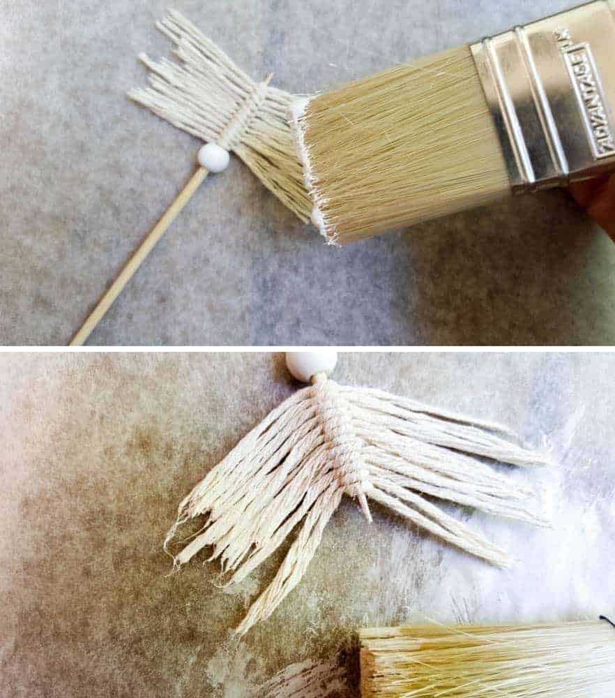 Paint the ,mod podge onto the macrame arrow flights #VintageValentine #TinCanRecycle #ValentineGiftIdea #QuiverArrows #AcraftyMix #HomeDecor #MacrameArrow