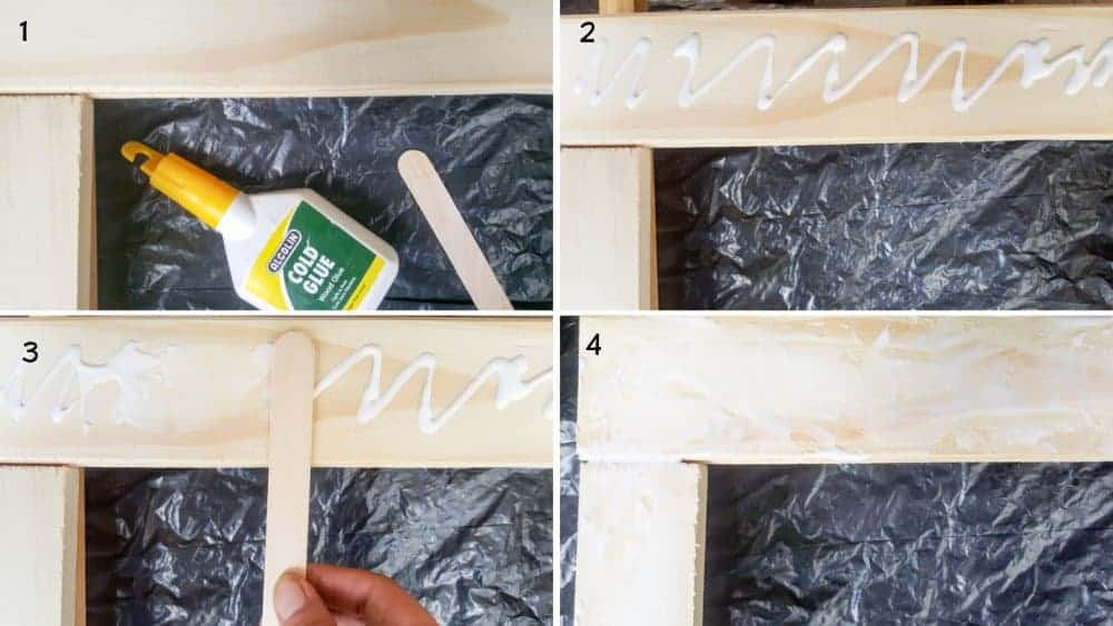 Use a stirrer to spread the glue on the raw wood planter #UnicornSpitTechniques #Windowplanter #UnicornSpitRustEffect #FauxRustEffect #ACraftyMix #PictureFrameRepupose #UnicornSpitIdeas #PictureFrameCrafts #SpillingPlanter