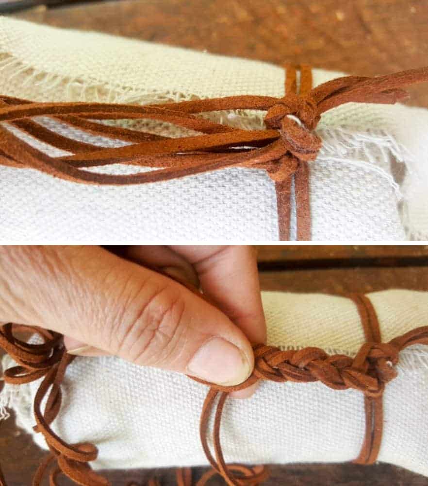 Plate or braid the leather strips to form the sling for the no-sew quiver #VintageValentine #TinCanRecycle #ValentineGiftIdea #QuiverArrows #AcraftyMix #HomeDecor #MacrameArrow