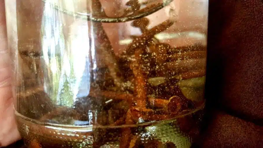 The hydrogen escaping after adding the vinegar Testing the wood stain mixture on day 3 #Naturalwoodstain #DIYWoodStain #Agingwoodstain #acraftymix #rustynail #weatherwoodstain