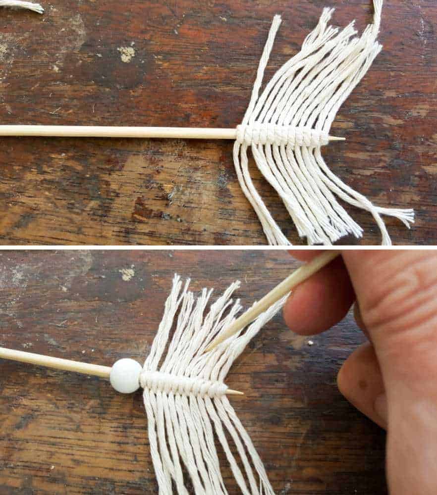 Making the macrame arrow flights and add a bead #VintageValentine #TinCanRecycle #ValentineGiftIdea #QuiverArrows #AcraftyMix #HomeDecor #MacrameArrow