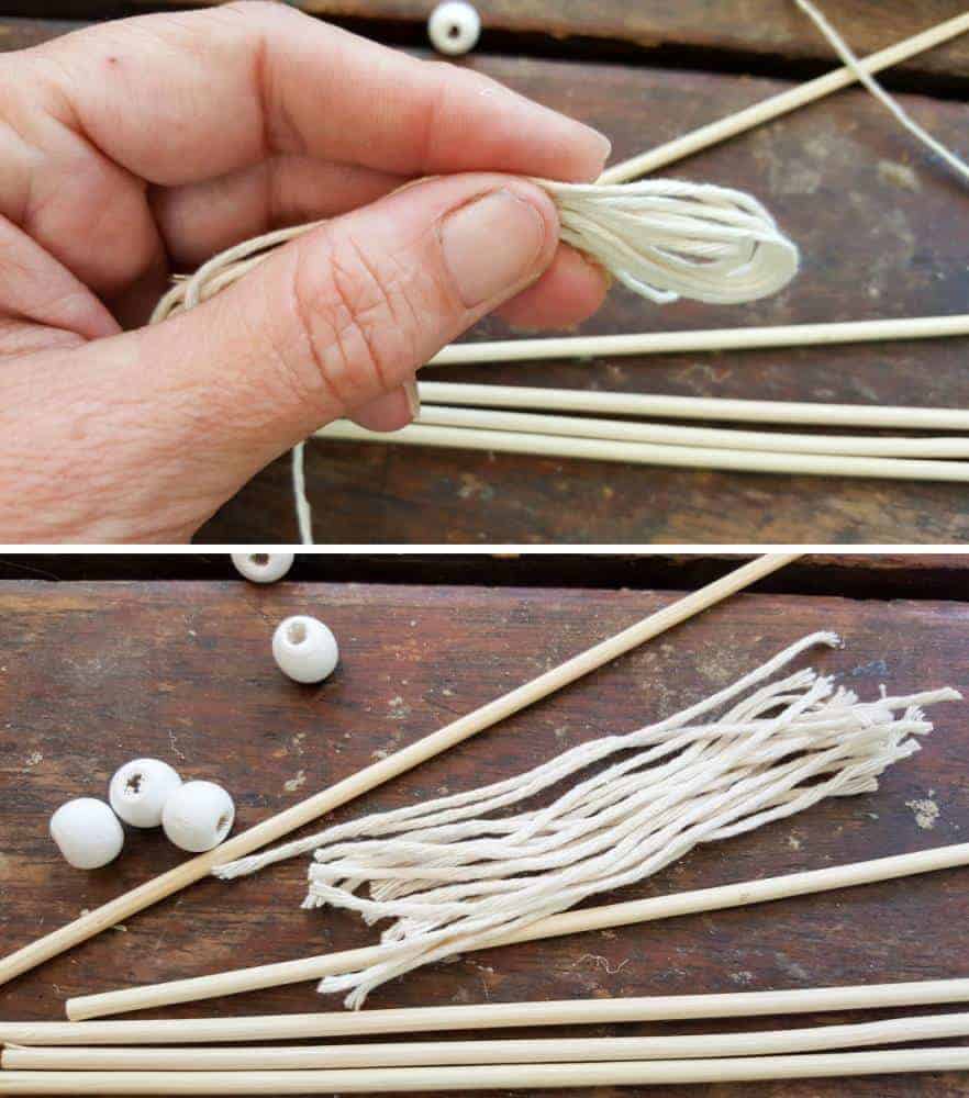 Cut the string into equal lengths #VintageValentine #TinCanRecycle #ValentineGiftIdea #QuiverArrows #AcraftyMix #HomeDecor #MacrameArrow