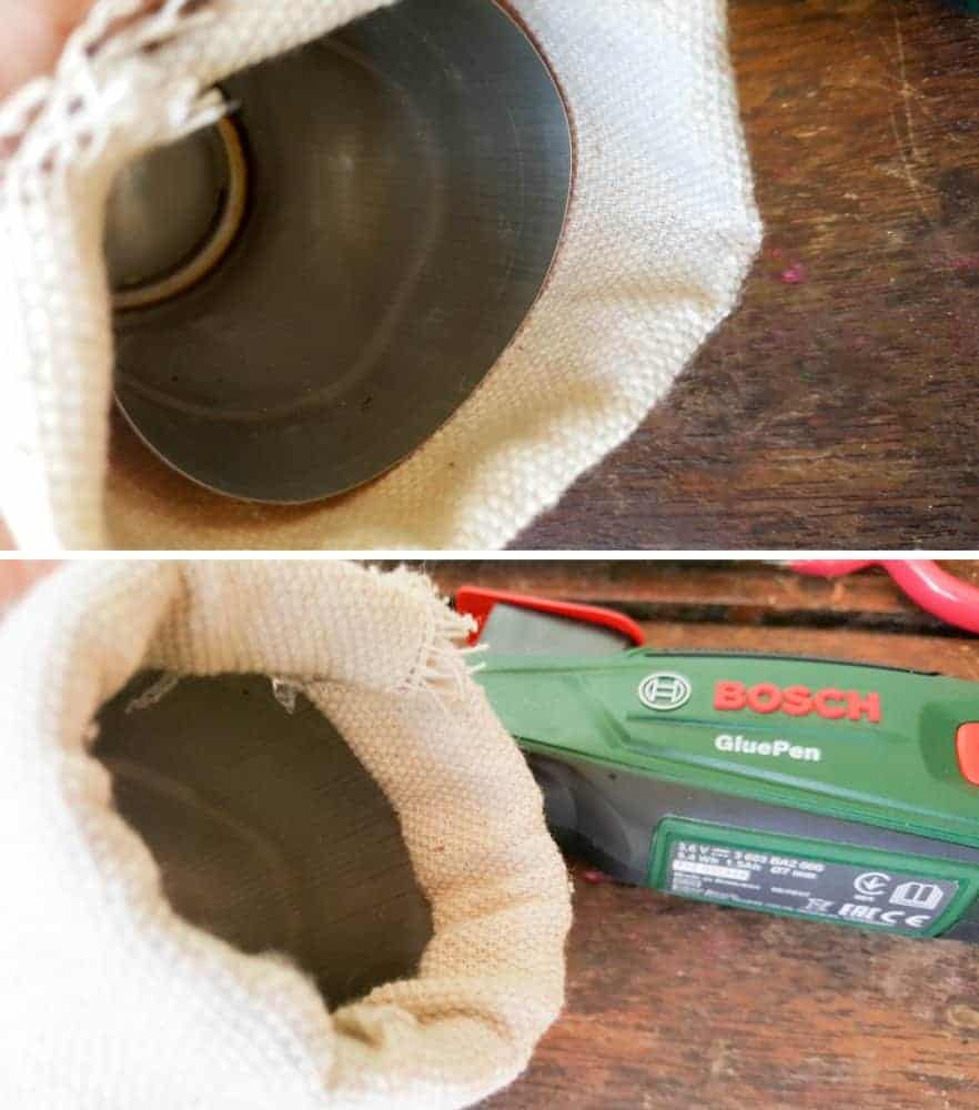 Glue the drop cloth to the inside of the soda can #VintageValentine #TinCanRecycle #ValentineGiftIdea #QuiverArrows #AcraftyMix #HomeDecor #MacrameArrow