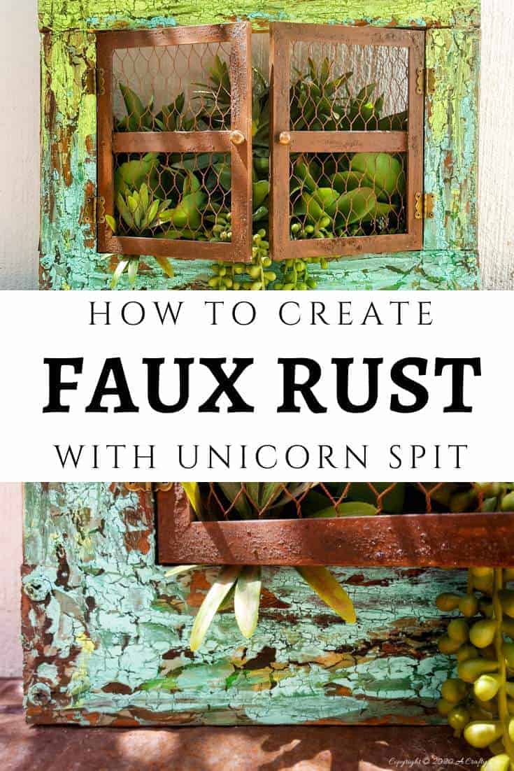 Full tutorial how to make this gorgeous "Cracked Up" Unicorn SPiT planter with plastic picture frame windows. Includes how to get a rust effect with US #UnicornSpitTechniques #Windowplanter #UnicornSpitRustEffect #FauxRustEffect #ACraftyMix #PictureFrameRepupose #UnicornSpitIdeas #PictureFrameCrafts #SpillingPlanter