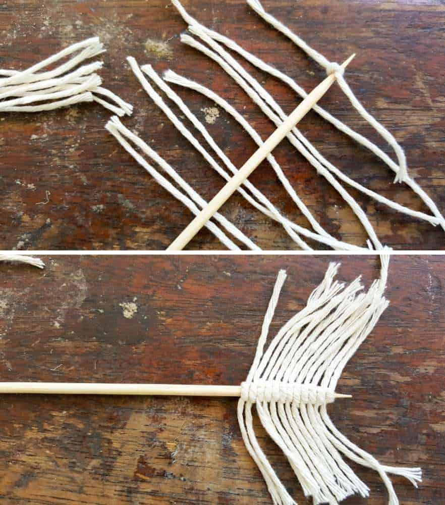 Making the macrame arrow flights #VintageValentine #TinCanRecycle #ValentineGiftIdea #QuiverArrows #AcraftyMix #HomeDecor #MacrameArrow