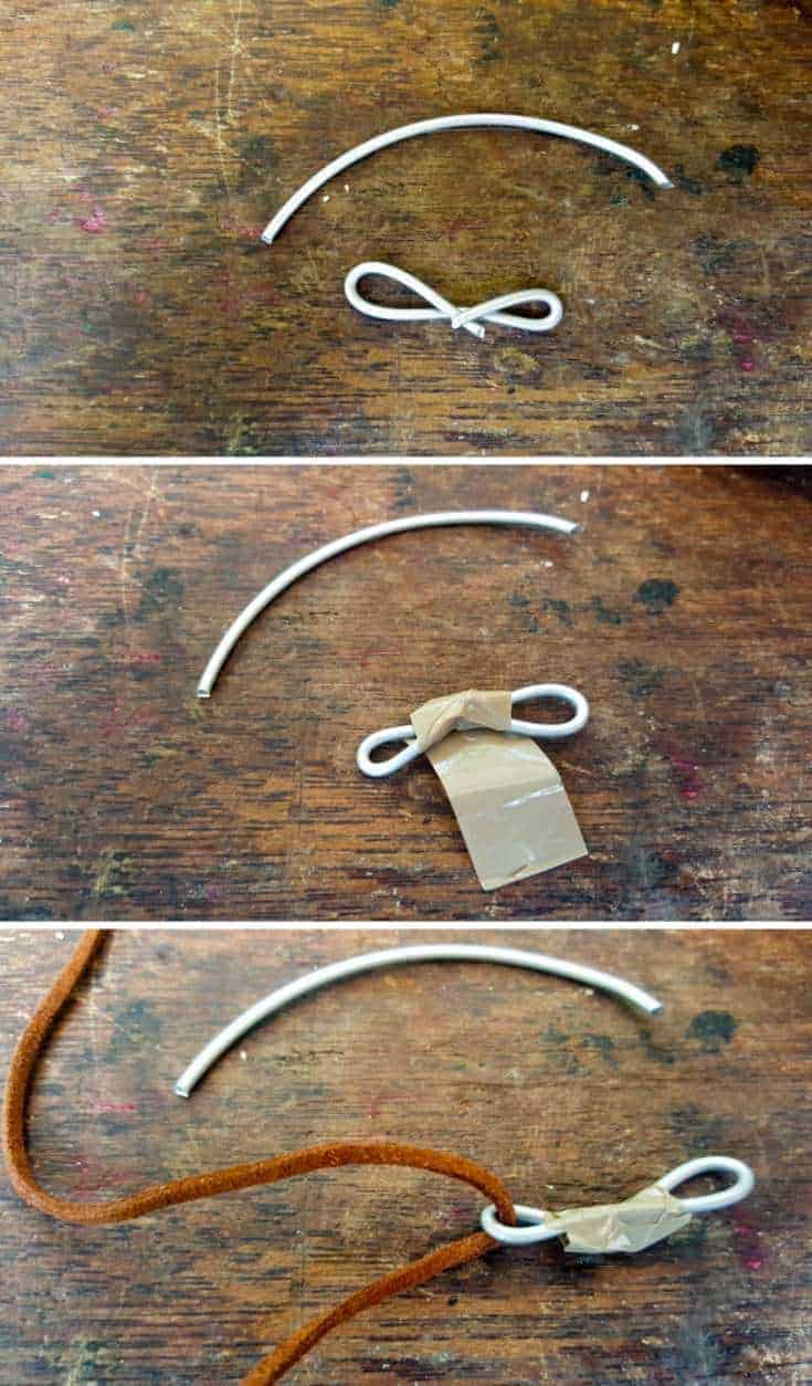 When you don't have a safety pin to thread the leather cord with, make your own #VintageValentine #TinCanRecycle #ValentineGiftIdea #QuiverArrows #AcraftyMix #HomeDecor #MacrameArrow