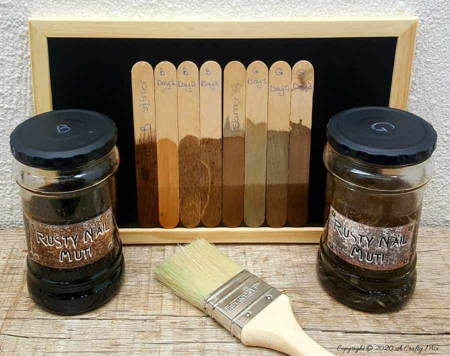 Looking for an all natural aging wood stain recipe that&rsquo;s budget friendly and easy to make? Then you have to try Rusty Nail Muti. It transforms new wood into old and weathered in minutes and by making a few small adjustments you can control the color and intensity too #Naturalwoodstain #DIYWoodStain #Agingwoodstain #acraftymix #rustynail  #woodstainrecipe 