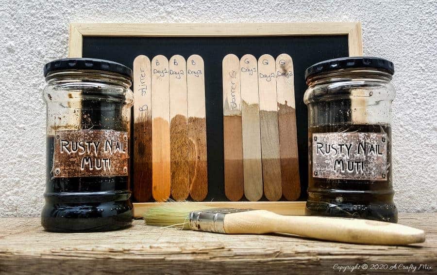Looking for an all natural aging wood stain recipe that&rsquo;s budget friendly and easy to make? Then you have to try Rusty Nail Muti. It transforms new wood into old and weathered in minutes and by making a few small adjustments you can control the color and intensity too #Naturalwoodstain #DIYWoodStain #Agingwoodstain #acraftymix #rustynail #woodstainrecipe 