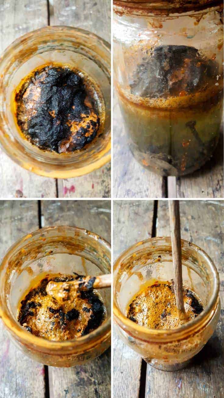 After two to three weeks a scum may form on top, remove and mix again #Naturalwoodstain #DIYWoodStain #Agingwoodstain #acraftymix #rustynail #weatherwoodstain