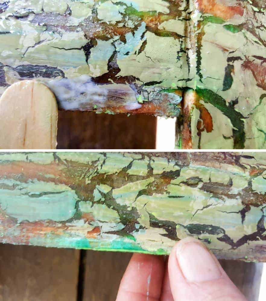 Add a second, thinner layer of glue and wait for it to become tacky #UnicornSpitTechniques #Windowplanter #UnicornSpitRustEffect #FauxRustEffect #ACraftyMix #PictureFrameRepupose #UnicornSpitIdeas #PictureFrameCrafts #SpillingPlanter
