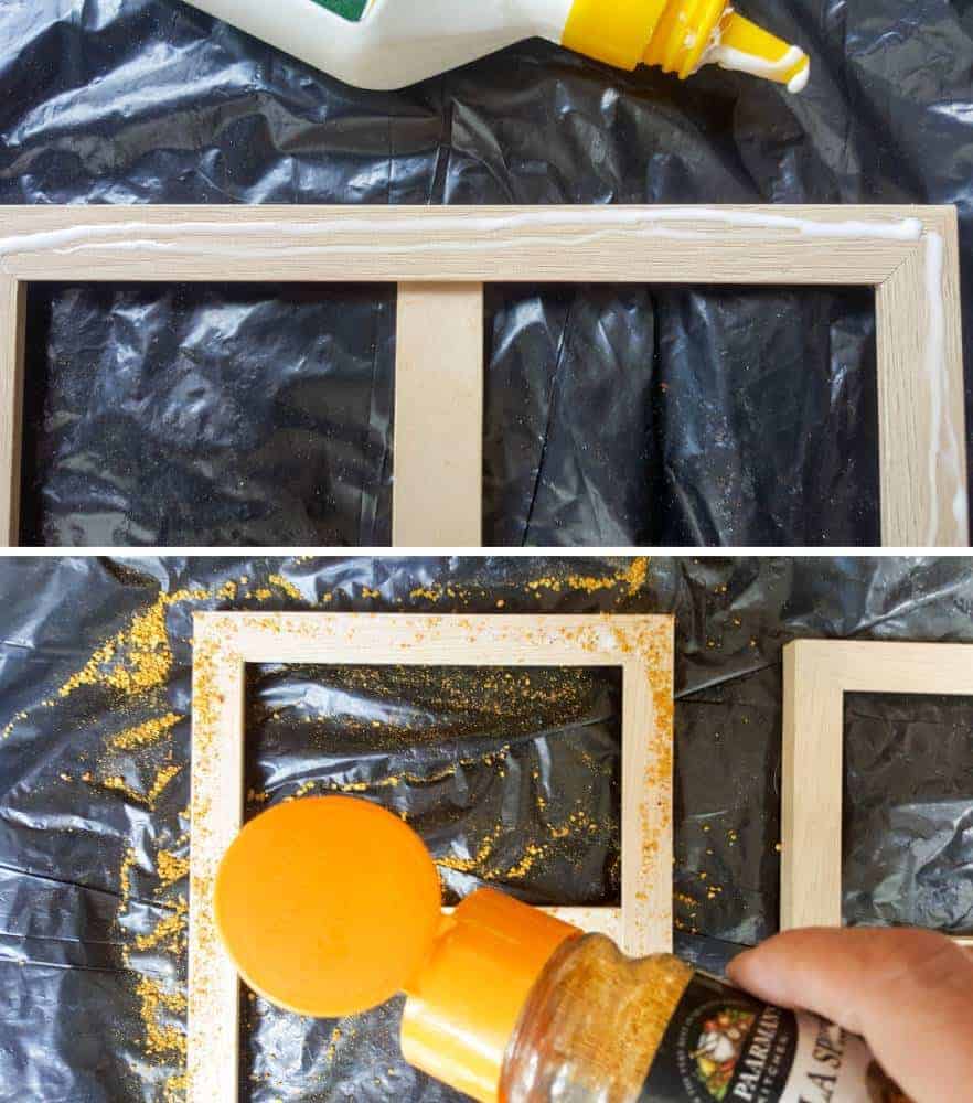 Add glue and sprinkle coarse salt or spice on the picture frames #UnicornSpitTechniques #Windowplanter #UnicornSpitRustEffect #FauxRustEffect #ACraftyMix #PictureFrameRepupose #UnicornSpitIdeas #PictureFrameCrafts #SpillingPlanter