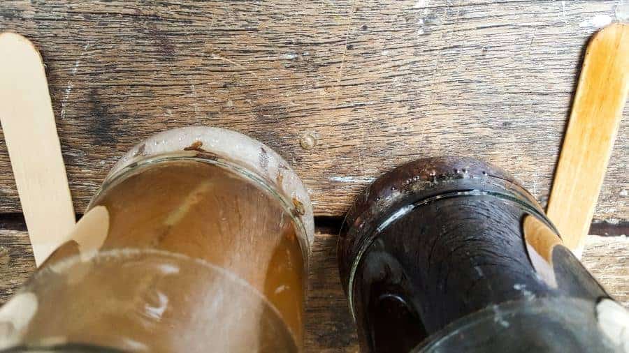 Give the mixture a good stir #Naturalwoodstain #DIYWoodStain #Agingwoodstain #acraftymix #rustynail #weatherwoodstain