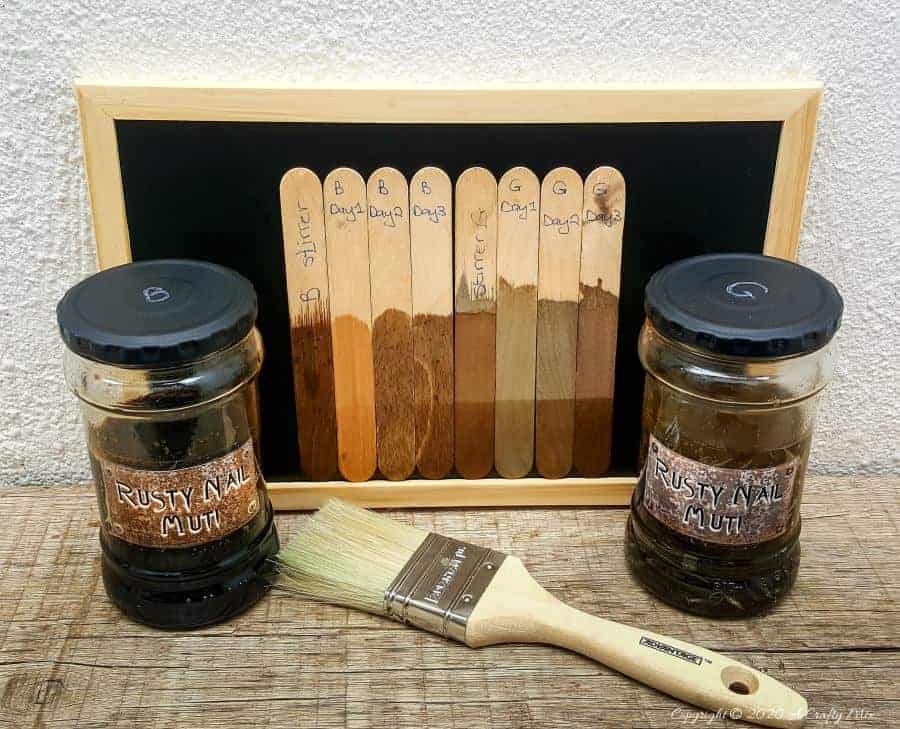 Looking for an all natural aging wood stain recipe that&rsquo;s budget friendly and easy to make? Then you have to try Rusty Nail Muti. It transforms new wood into old and weathered in minutes and by making a few small adjustments you can control the color and intensity too #Naturalwoodstain #DIYWoodStain #Agingwoodstain #acraftymix #rustynail