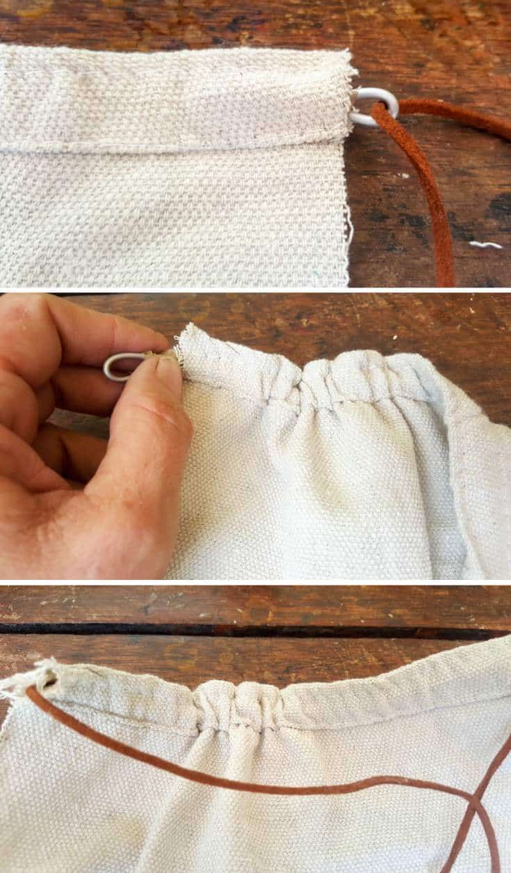 Thread the leather cord through the seam in the drop cloth #VintageValentine #TinCanRecycle #ValentineGiftIdea #QuiverArrows #AcraftyMix #HomeDecor #MacrameArrow