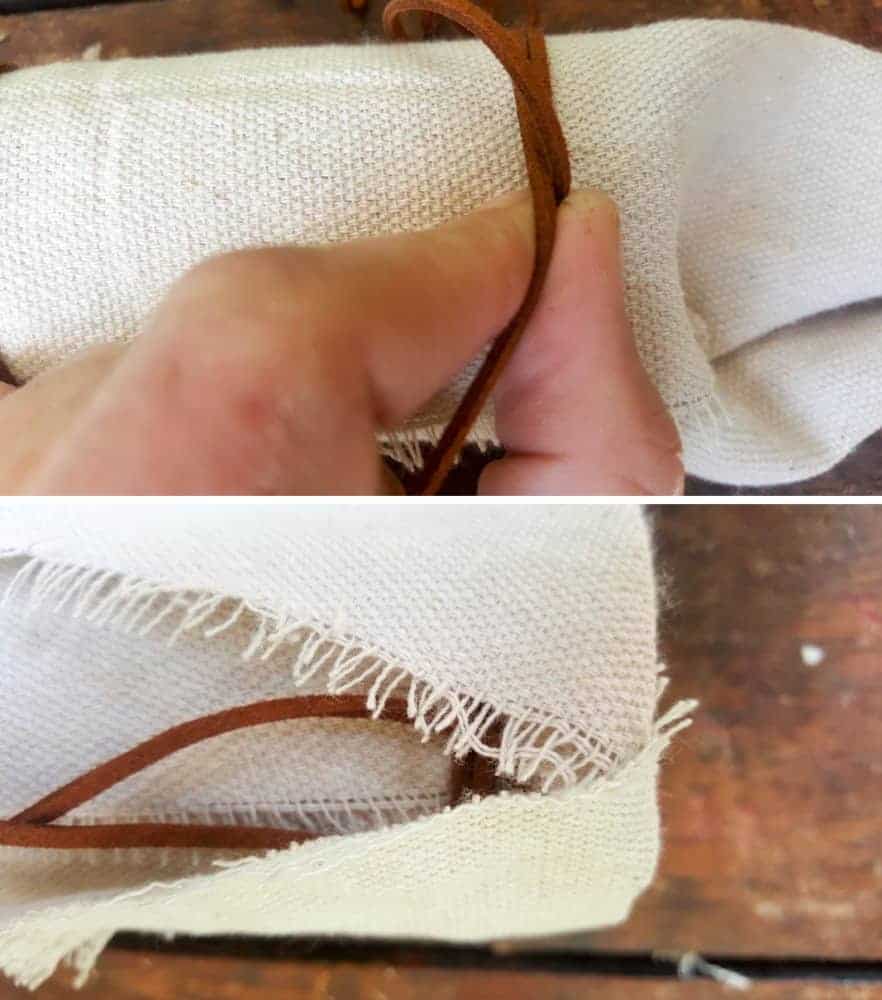 Tie a piece of leather cord around the top of the drop cloth #VintageValentine #TinCanRecycle #ValentineGiftIdea #QuiverArrows #AcraftyMix #HomeDecor #MacrameArrow