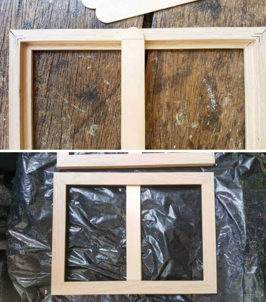 Measure, cut and glue two stirrers per picture frame #UnicornSpitTechniques #Windowplanter #UnicornSpitRustEffect #FauxRustEffect #ACraftyMix #PictureFrameRepupose #UnicornSpitIdeas #PictureFrameCrafts #SpillingPlanter
