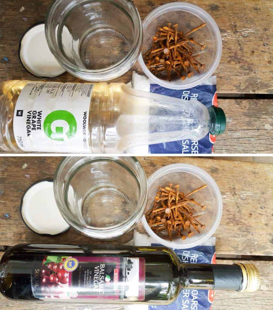 What you need to make the aging wood stain #Naturalwoodstain #DIYWoodStain #Agingwoodstain #acraftymix #rustynail #weatherwoodstain  #woodstainrecipe 