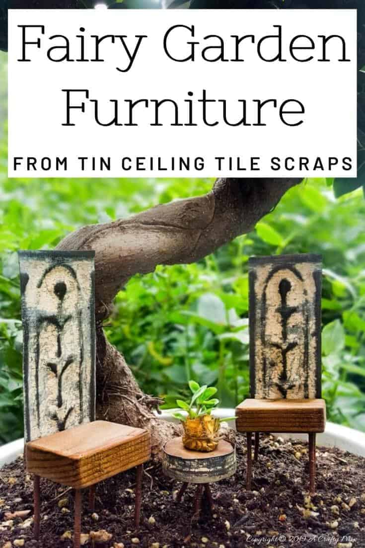 DIY Adorable fairy garden furniture using scraps of old rusty ceiling tiles and nails. #FairygardenDIY #FairyFurniture #RustyNailFurniture #ACraftyMix #FairyGardenTutorials #CeilingTileRepupose #FairyGardenIdeas