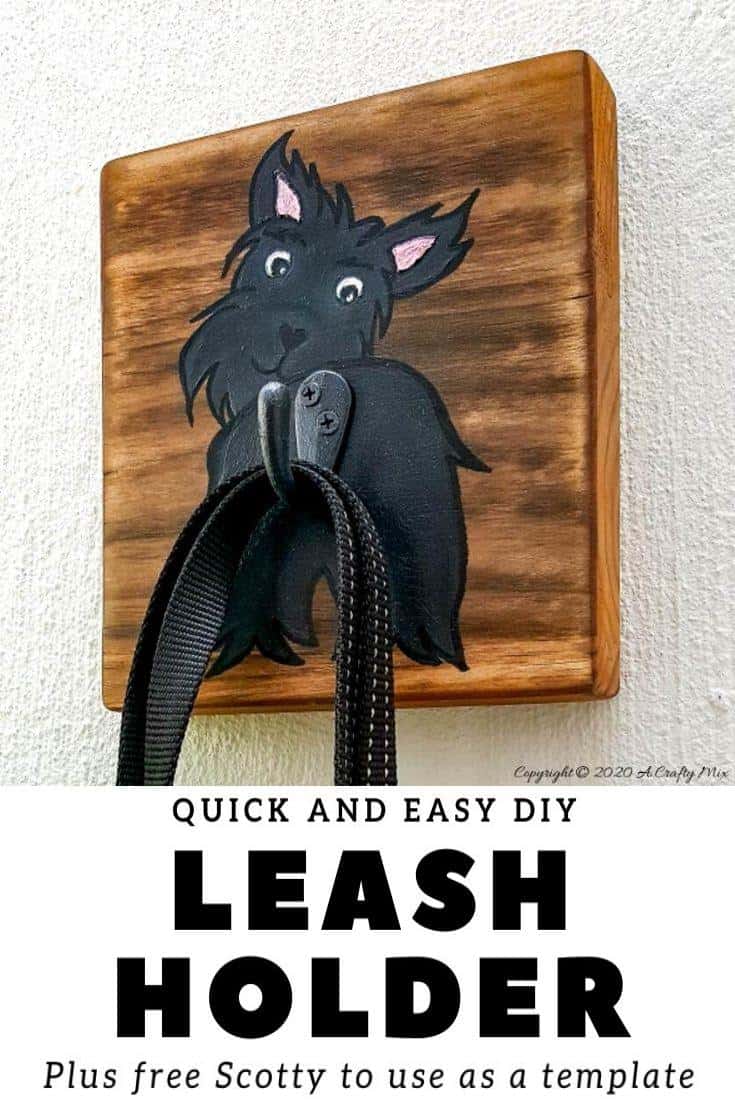 Make an adorable and easy DIY Dog Leash holder using a scrap piece of wood and craft paint. You and your fur baby will love it and the tutorial includes a free printable! #DIYDogLeash #Leashholderideas #WoodLeashHolder #ACraftyMix #FreePrintable #ScottishTerrier #PetLeashHolder #DIYLeashHolder
