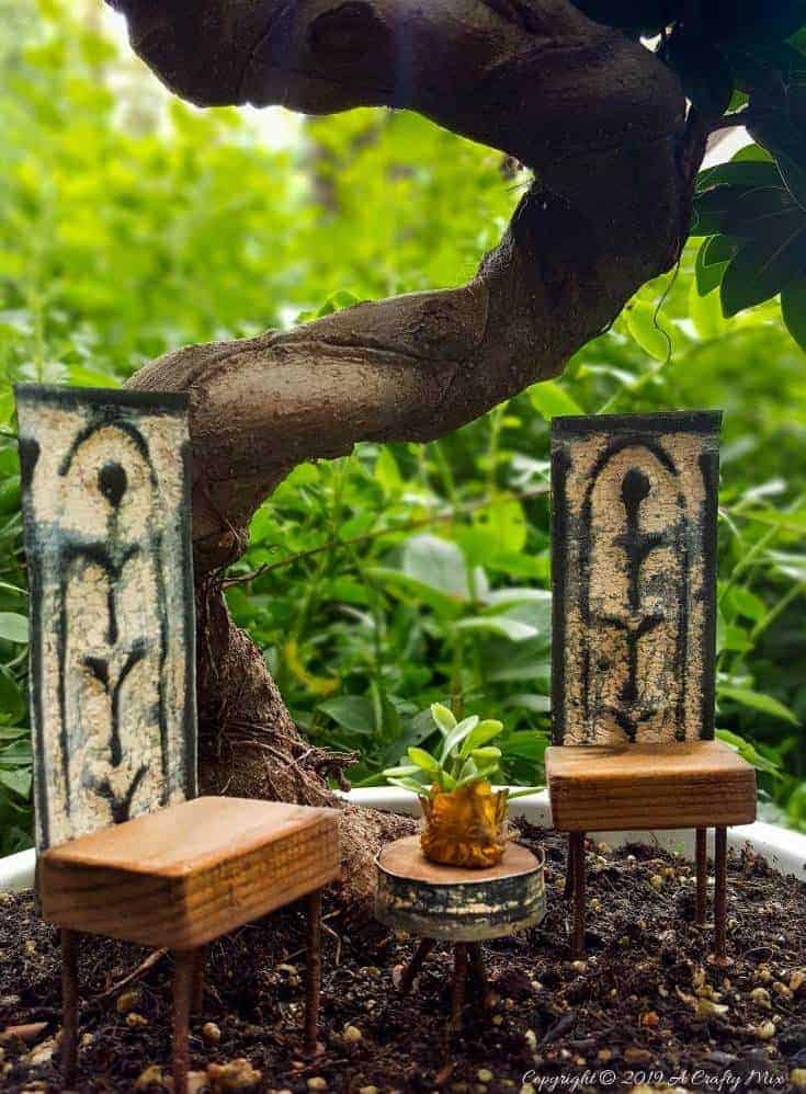 DIY Adorable fairy garden furniture using scraps of old rusty ceiling tiles and nails. #FairygardenDIY #FairyFurniture #RustyNailFurniture #ACraftyMix #FairyGardenTutorials #CeilingTileRepupose #FairyGardenIdeas