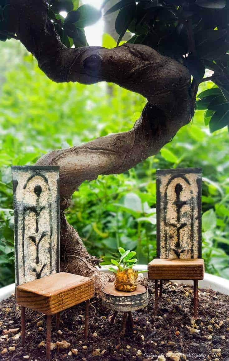 DIY Adorable fairy garden furniture using scraps of old rusty ceiling tiles and nails. #FairygardenDIY #FairyFurniture #RustyNailFurniture #ACraftyMix #FairyGardenTutorials #CeilingTileRepupose #FairyGardenIdeas