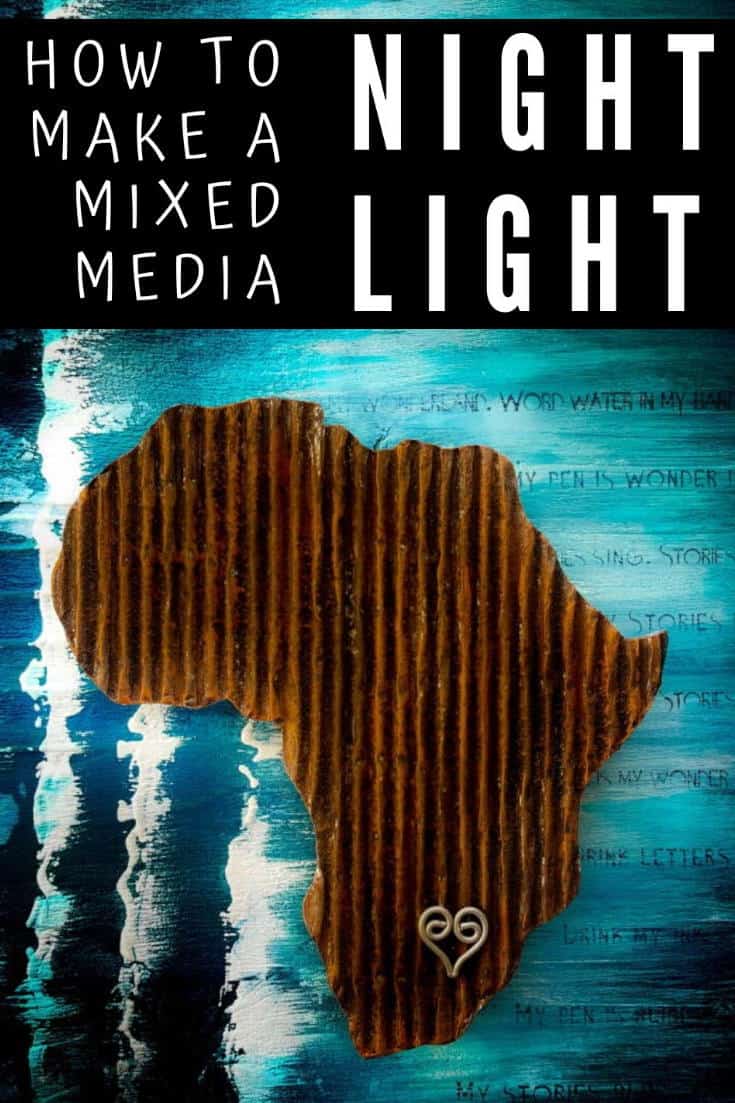 Mixed media pieces are always fun to put together and the possibilities are endless. This tutorial will show you how to make cardboard look like a rusty sheet of metal and turn your mixed media into a night light. #mixedmedia #mixedmediatutorial #DIYNightLight #ACraftyMix #fauxrust #Africa #HomeDecor