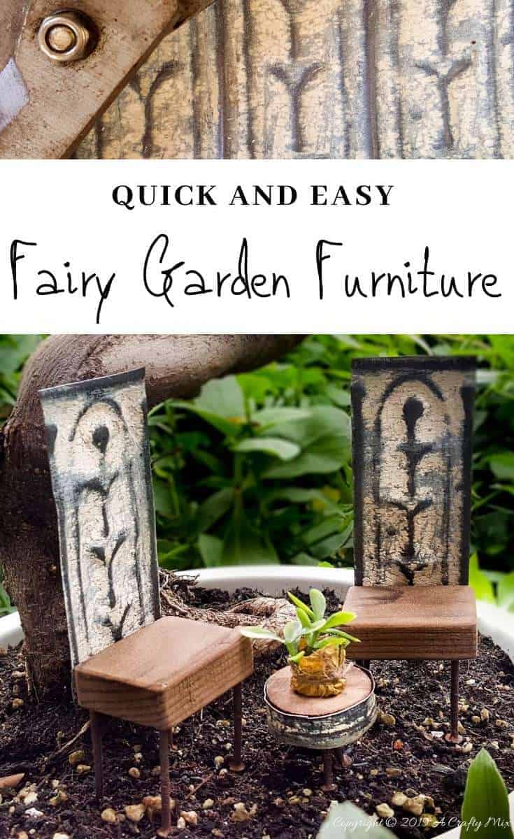 DIY Adorable fairy garden furniture using scraps of old rusty ceiling tiles and nails. #FairygardenDIY #FairyFurniture #RustyNailFurniture #ACraftyMix #FairyGardenTutorials #CeilingTileRepupose #FairyGardenIdeas