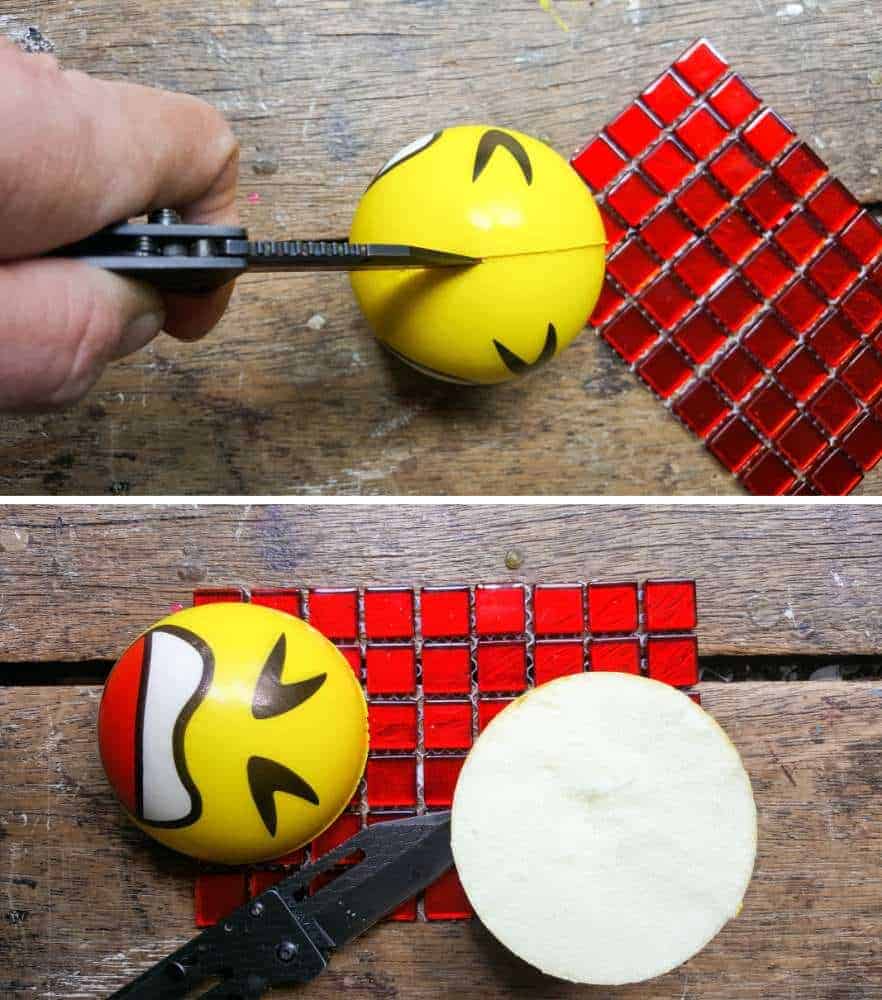 Use a sharp knife to slice the rubber ball in half #LadyBugcrafts #LadyBugIdeas #LadyBugDIY #ACraftyMix #Ladybugmosaic #LadyBird #LadyBugCrafts #LadyBirdCrafts