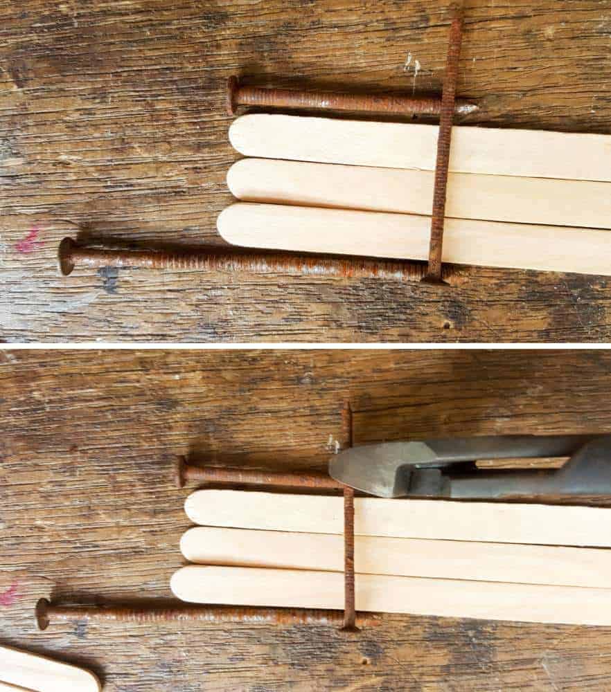 Trim the rusty nails with a wire cutter#FairyPottingBench #FairyDIYCrafts #ACraftyMix #FairyGardens #FairyCrafts #WhimsicalFairyCrafts #SimpleFairyCrafts #MiniaturePottingBench #RustyNails