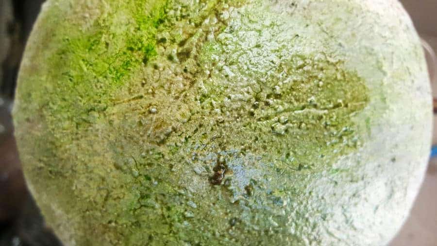 A wash of sap green is added to create a worn aged alook on the giant concrete Easter egg #EasterEgg #GiantEgg #DIYConcreteEgg #ACraftyMix #FauxConcreteEgg #EasterCrafts #EasterEggCrafts