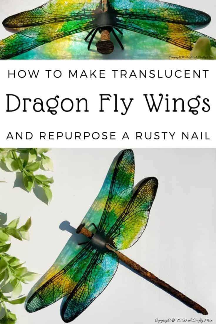 A rusty nail has never looked more gorgeous with these translucent dragonfly wings. Full tutorial includes 2 free printables to make dragonfly and butterfly wings. #DragonflyWingsTemplate #DragonflyWingsDIY #ButterflyWings #ACraftyMix #DIYDragonflyWings #AlcoholInkCrafts #AlcoholInk #CraftTutorial