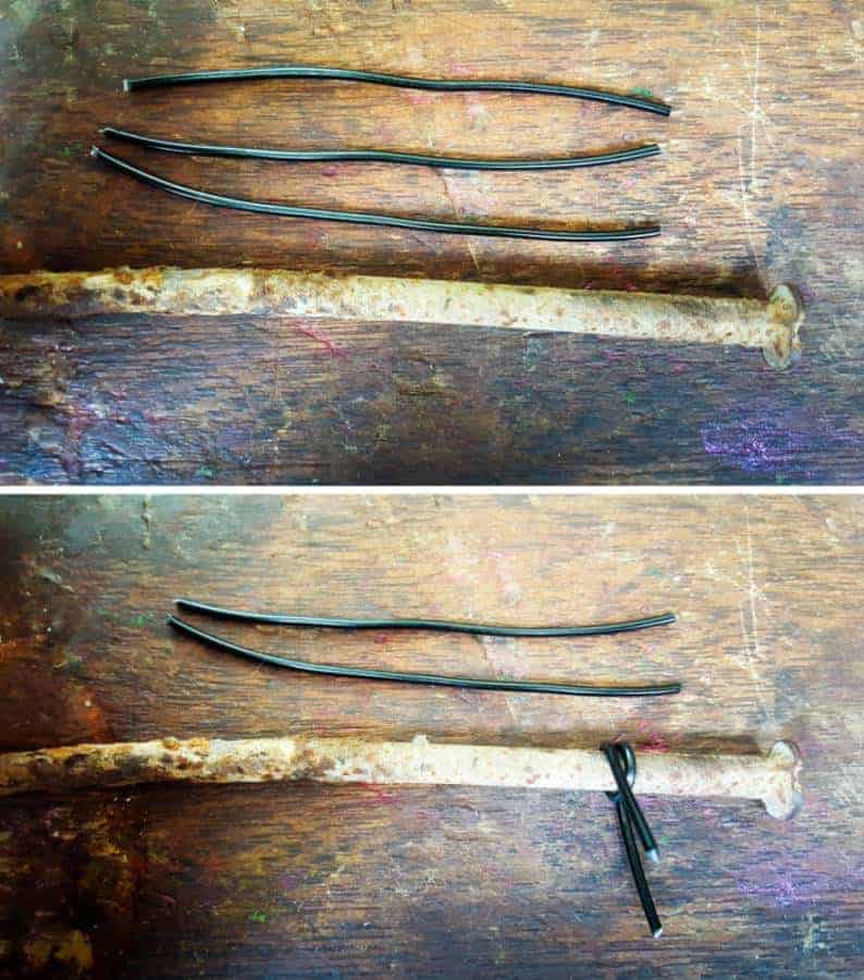 Cut 3 pieces of wire and bend them around the rusty nail #DragonflyWingsTempalte #DragonflyWingsDIY #ButterflyWings #ACraftyMix #DIYDragonfltWings #AlcoholInkCrafts #AlcoholInk #CraftTutorial