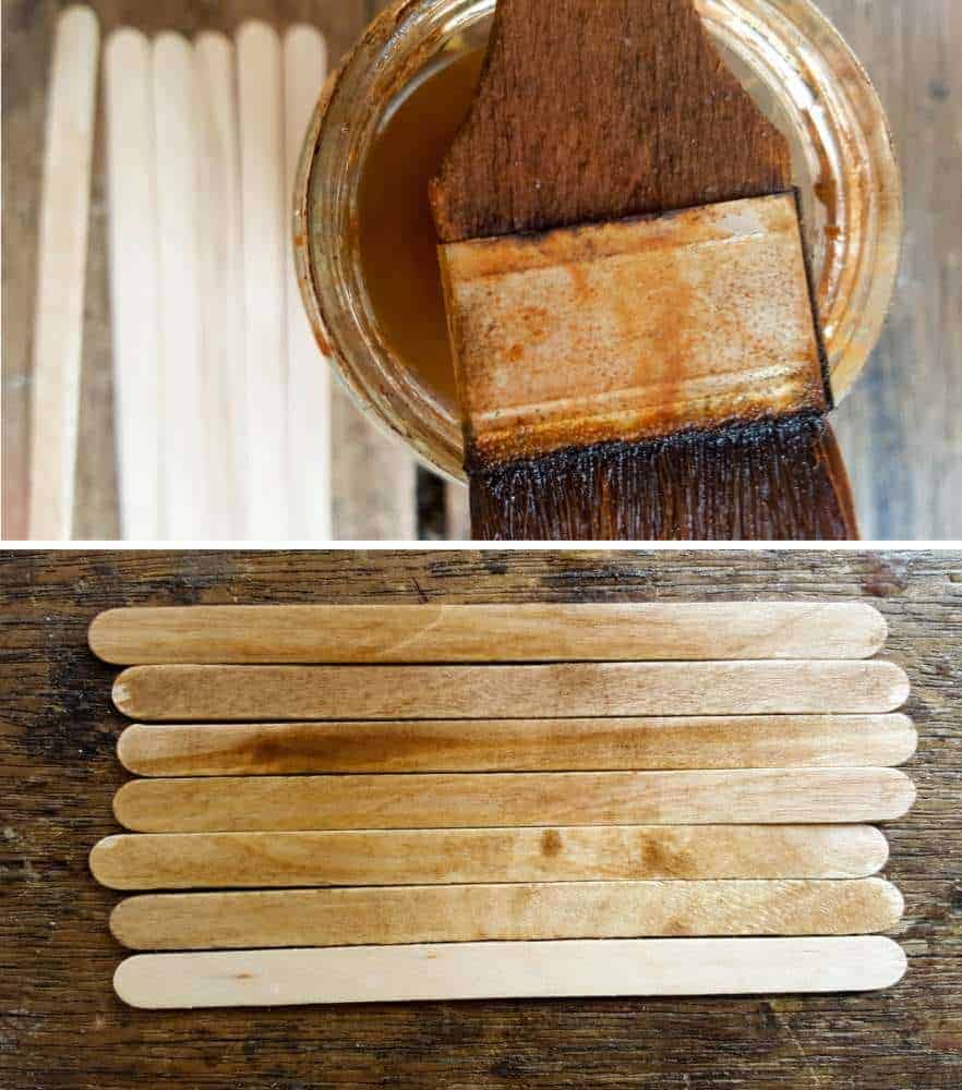 Stain the stirrers to give them that aged effect #FairyPottingBench #FairyDIYCrafts #ACraftyMix #FairyGardens #FairyCrafts #WhimsicalFairyCrafts #SimpleFairyCrafts #MiniaturePottingBench