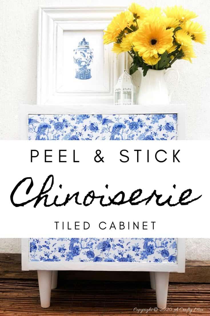 A gorgeous Chinioserie vinyl tile makeover that's easy to do and even easier to change #ChinoiserieDecor #VinylTile #EasyMakeOver #HomeDecorDIY #chinoiserietiles #ACraftyMix #blueandwhitedecor #chinoiseriechic #VinylTileDecor #DIYTutorial #TileVera