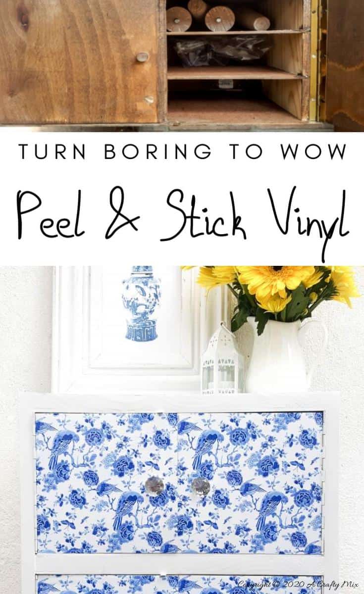 A gorgeous Chinioserie vinyl tile makeover that's easy to do and even easier to change #ChinoiserieDecor #VinylTile #EasyMakeOver #HomeDecorDIY #chinoiserietiles #ACraftyMix #blueandwhitedecor #chinoiseriechic #VinylTileDecor #DIYTutorial #TileVera #furnitureflip 