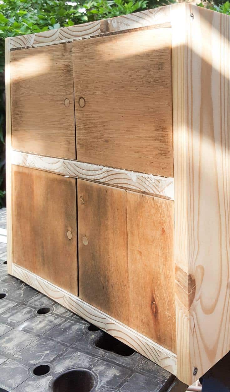 Build an outer casing for the two small wooden storage units from a thrift store waiting for their Chinioserie makeover #ChinoiserieDecor #VinylTile #EasyMakeOver #HomeDecorDIY #chinoiserietiles #ACraftyMix #blueandwhitedecor #chinoiseriechic #VinylTileDecor #DIYTutorial