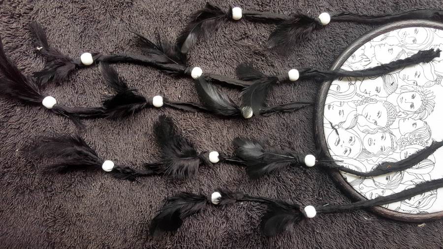 Add feathers and beads to the fabric strips #DreamcatcherDIY #Napkinrepurpose #ACraftyMix #InThisTogether #BlackandWhite #HomeDecor #DreamcatcherCraft #TransferAdhesive #PaperNapkinCraft
