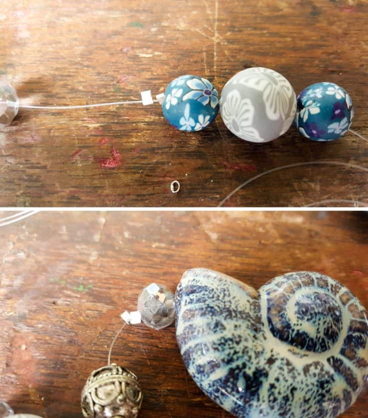 Use bead crimpers (crimp tubes) to space the beads on the fishing line #DIYDenim #DenimIdeas #DenimMobile #DenimUpcycleIdeas #ACraftyMix #DenimUpcycle #DIYWindChime #TinCanRecycle #TinCanMobile #DenimWindChime