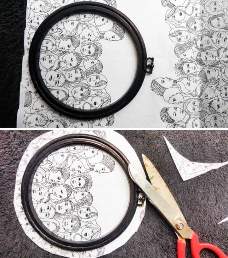Place the paper napkin transfer inside the embroidery hoop and trim away the excess #DreamcatcherDIY #Napkinrepurpose #ACraftyMix #InThisTogether #BlackandWhite #HomeDecor #DreamcatcherCraft #TransferAdhesive #PaperNapkinCraft