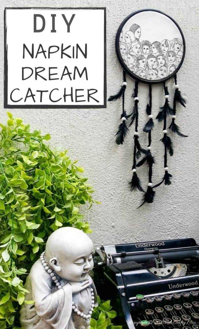 How to make a gorgeous paper napkin dream catcher. Easy craft idea to add to your home decor #DreamcatcherDIY #Napkinrepurpose #ACraftyMix #InThisTogether #BlackandWhite #HomeDecor #DreamcatcherCraft #TransferAdhesive #PaperNapkinCraft