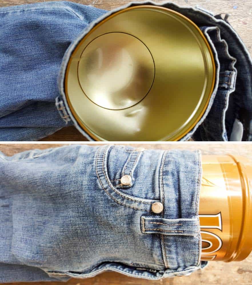Place your cut denim around the tin can and measure where to cut #DIYDenim #DenimIdeas #DenimMobile #DenimUpcycleIdeas #ACraftyMix #DenimUpcycle #DIYWindChime #TinCanRecycle #TinCanMobile #DenimWindChime