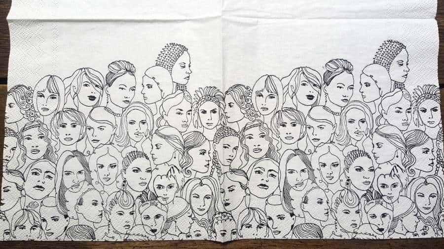 Beautiful paper napkin with women from all walks of life #DreamcatcherDIY #Napkinrepurpose #ACraftyMix #InThisTogether #BlackandWhite #HomeDecor #DreamcatcherCraft #TransferAdhesive #PaperNapkinCraft