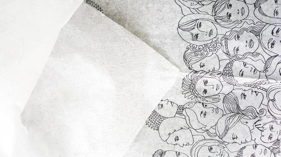 Pull the paper napkin layers apart #DreamcatcherDIY #Napkinrepurpose #ACraftyMix #InThisTogether #BlackandWhite #HomeDecor #DreamcatcherCraft #TransferAdhesive #PaperNapkinCraft