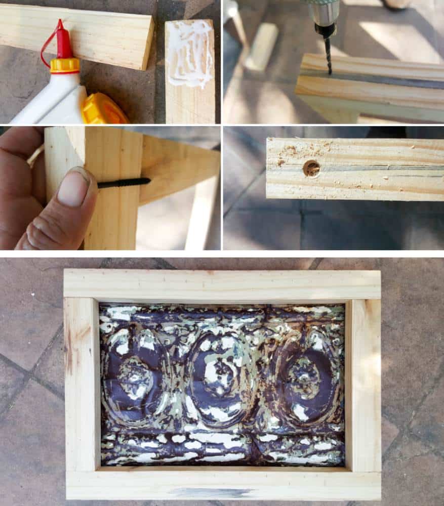 Putting the frame together to hold the rusty ceiling tile #farmhousedecor #rusticdecor #acraftymix #farmstyledecor #springproject #diyhomedecor #ceilingtilerepurpose